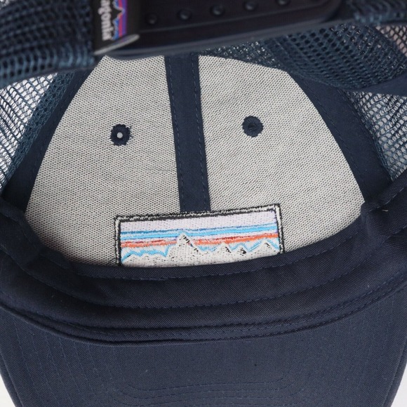 Patagonia Snapback Trucker Hat Navy Blue Cap Mesh Back Spell Out Mountain Patch - Picture 8 of 10